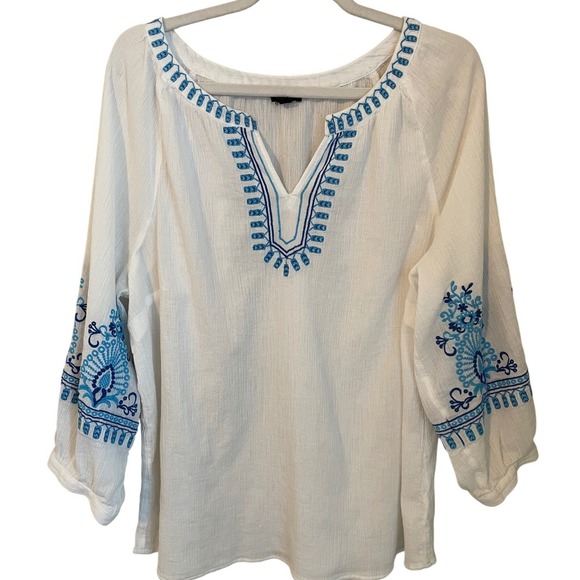 Talbots Tops - Talbots Size L Gauze Popover Tunic Top‎ White Blue Embroidered Vacation Summer